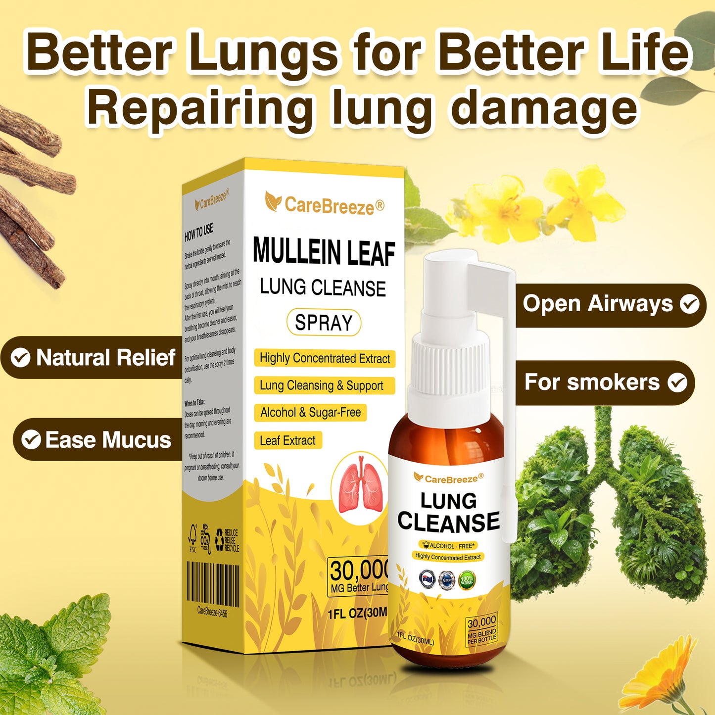 💖✅Official Store:CareBreeze® Botanical Mullein Leaf Extract Lung Cleanse Spray（💛Directly acts on COPD, asthma, chronic bronchitis (CB), respiratory infections, lung cancer, sinusitis, and other conditions💛）