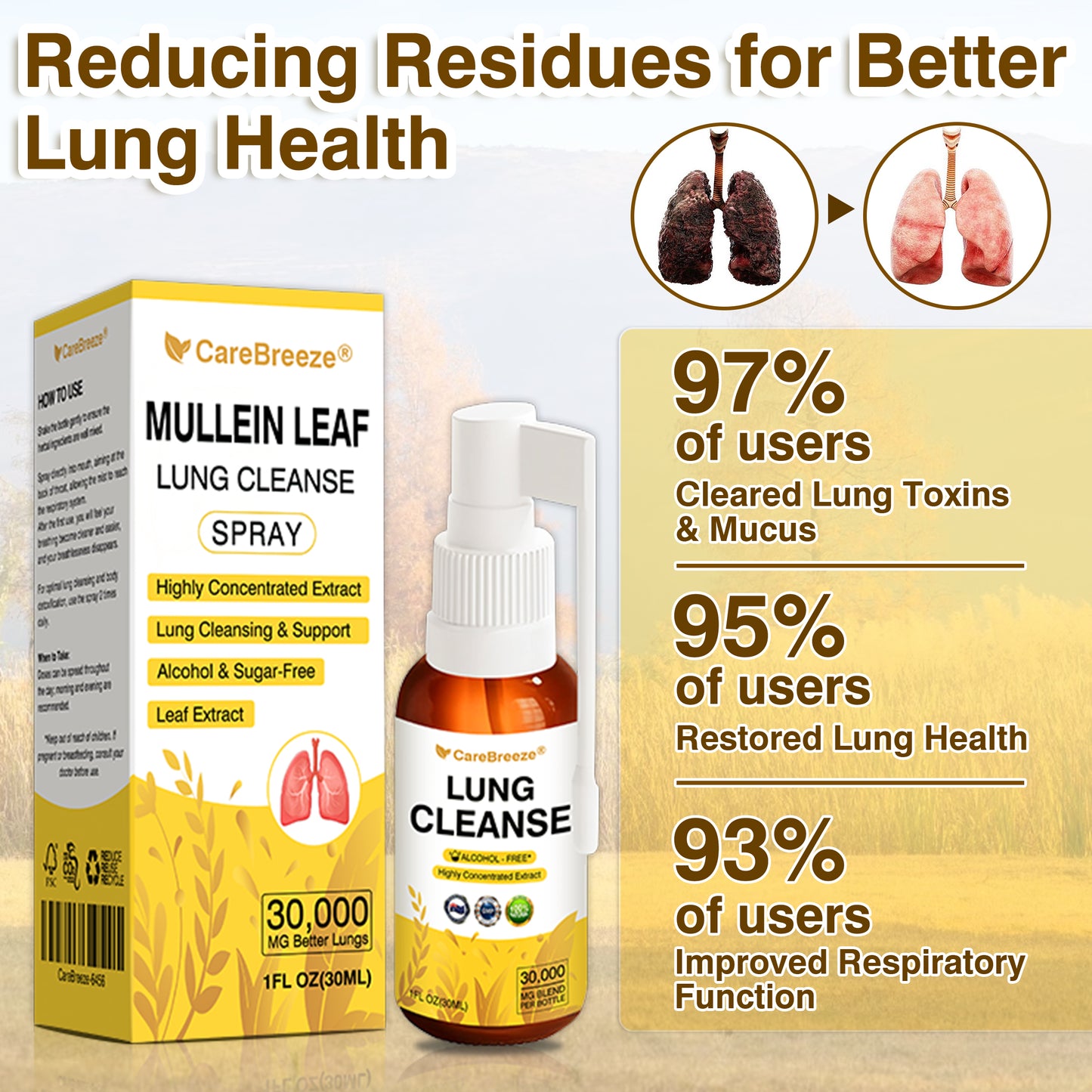 💖✅Official Store:CareBreeze® Botanical Mullein Leaf Extract Lung Cleanse Spray（💛Directly acts on COPD, asthma, chronic bronchitis (CB), respiratory infections, lung cancer, sinusitis, and other conditions💛）