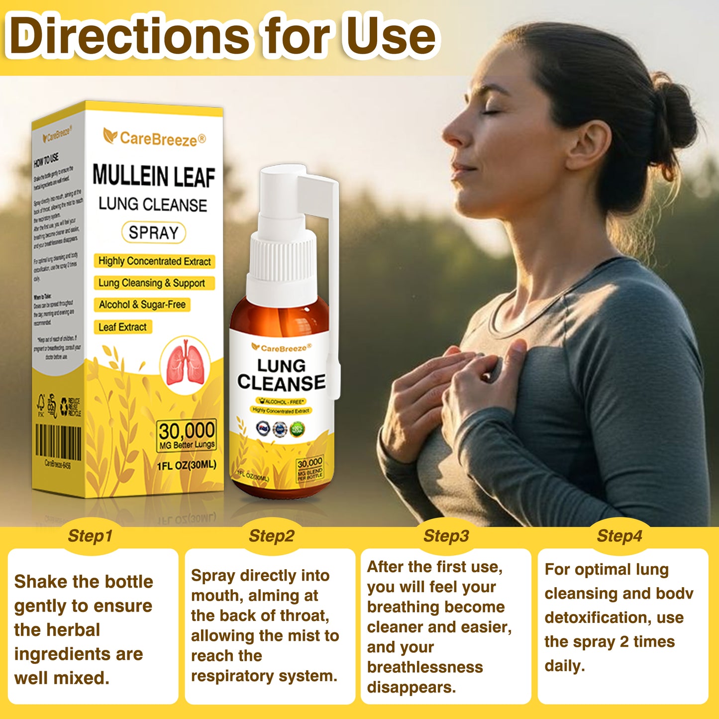 💖✅Official Store:CareBreeze® Botanical Mullein Leaf Extract Lung Cleanse Spray（💛Directly acts on COPD, asthma, chronic bronchitis (CB), respiratory infections, lung cancer, sinusitis, and other conditions💛）