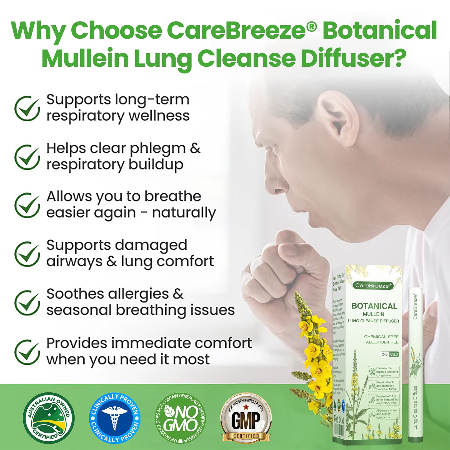 🐻‍❄️✅AU Owned and Operated：CareBreeze® Botanical Mullein Lung Cleanse Diffuser(🫁Cough, Pharyngitis, shortness of breath, sputum, stuffy nose, bronchitis, bronchitis, allergy symptoms, lung discomfort💝)